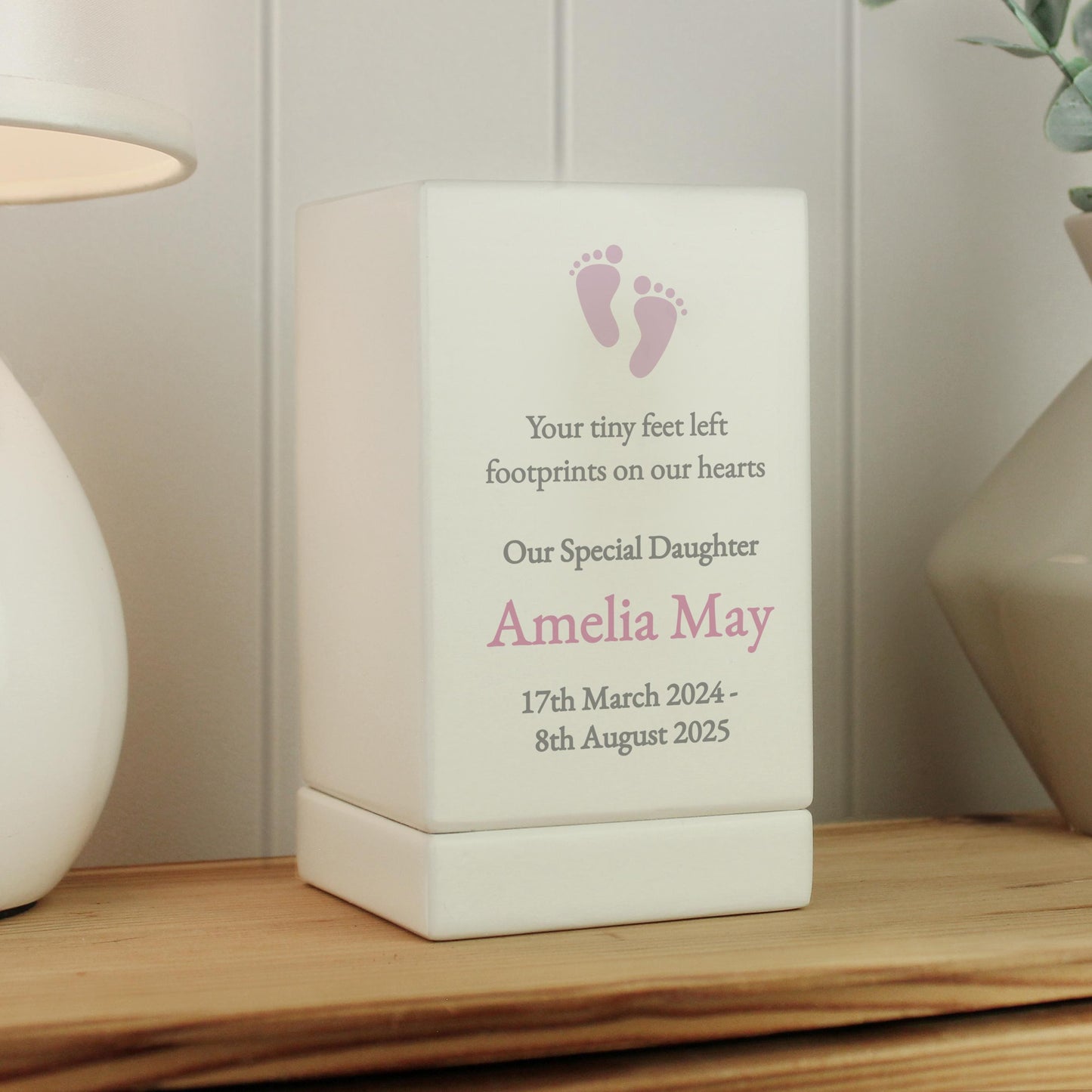 Personalised Baby Girl pink Small Wooden Urn keepsake Decor