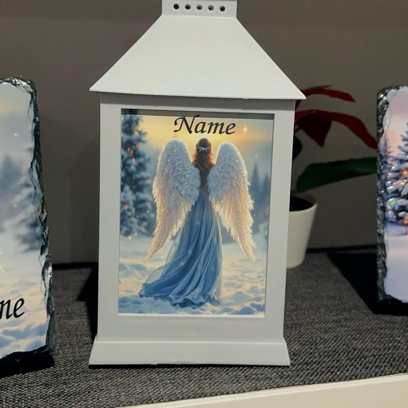 glitter Christmas angel out door grey lantern with built in 6 hour timer