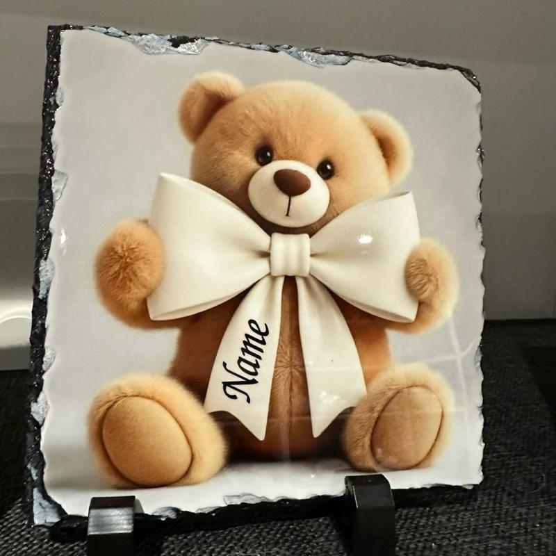Personalised teddy bear bow design outdoor slate garden memorial - glitter bow detail option