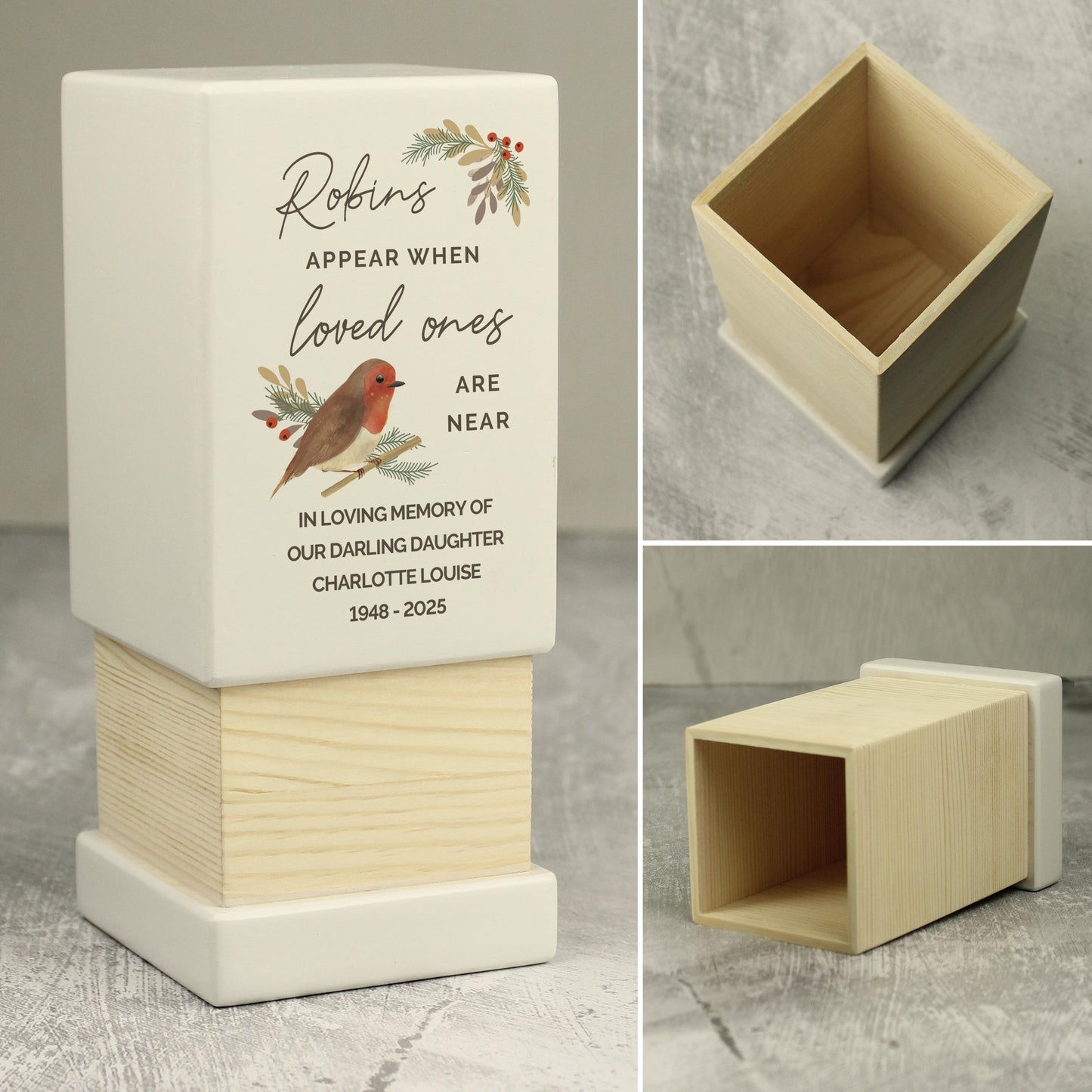 Personalised Robins Appear Small Wooden Urn keepsake Decor