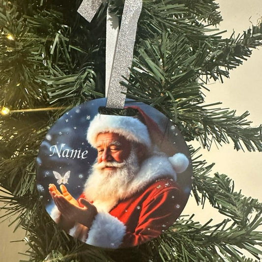 Santa & butterfly Christmas tree bauble acrylic glitter detail
