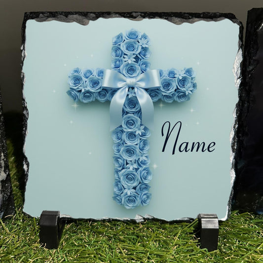 Personalised Blue rose Cross with bow design outdoor or indoor slate with crystal details