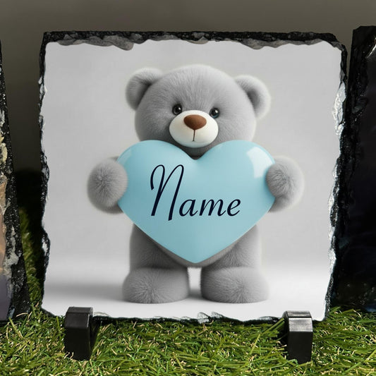 Personalised Grey teddy blue heart design outdoor or indoor slate