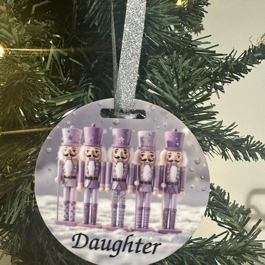 Purple nutcracker Christmas tree bauble acrylic glitter detail
