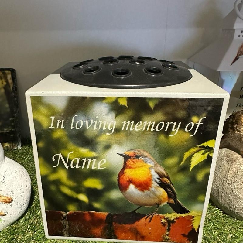 Personalised Robin Weighted Memorial Flower Vase - Grey Polyresin Cube with Name Option