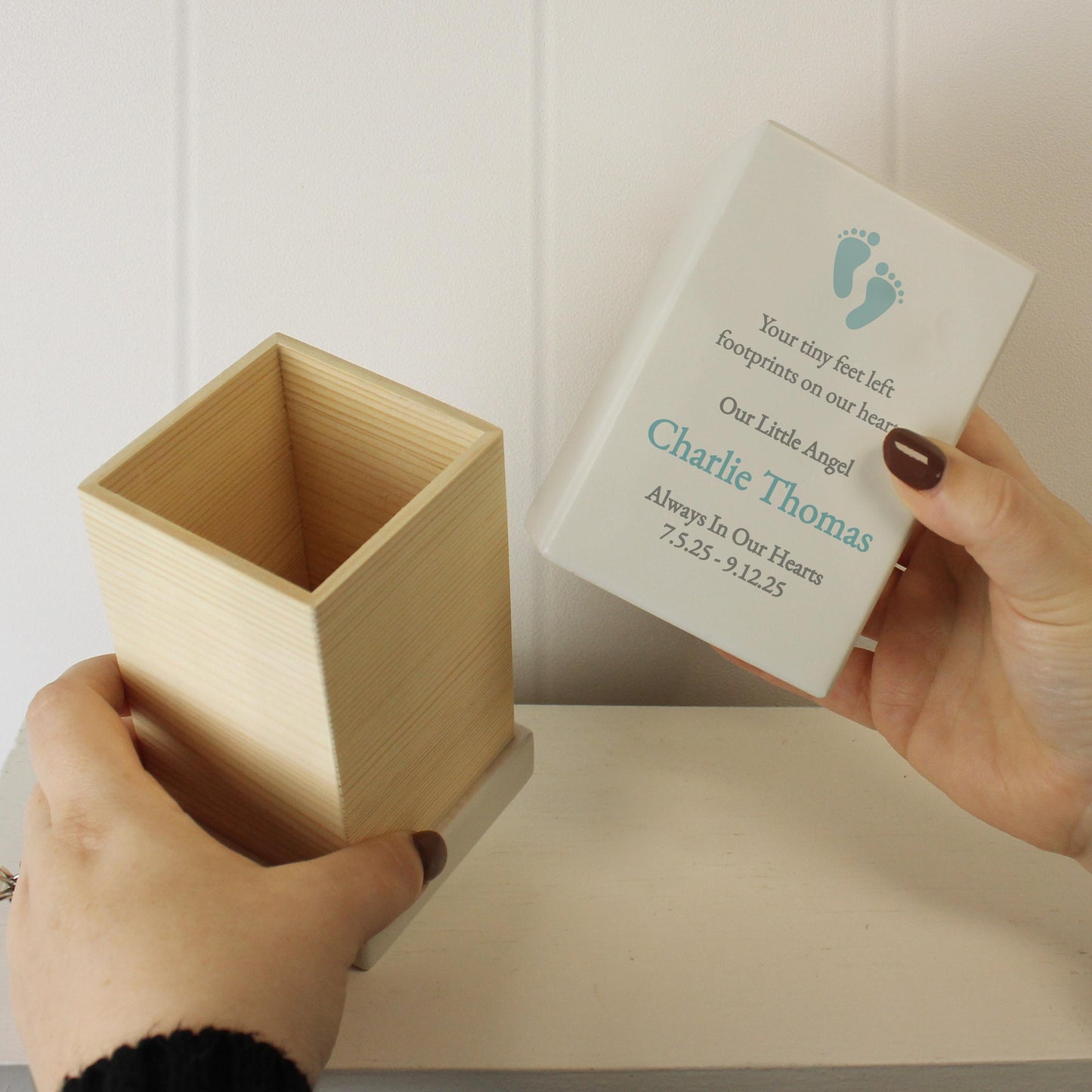 Personalised Baby Boy blue Small Wooden Urn keepsake Decor