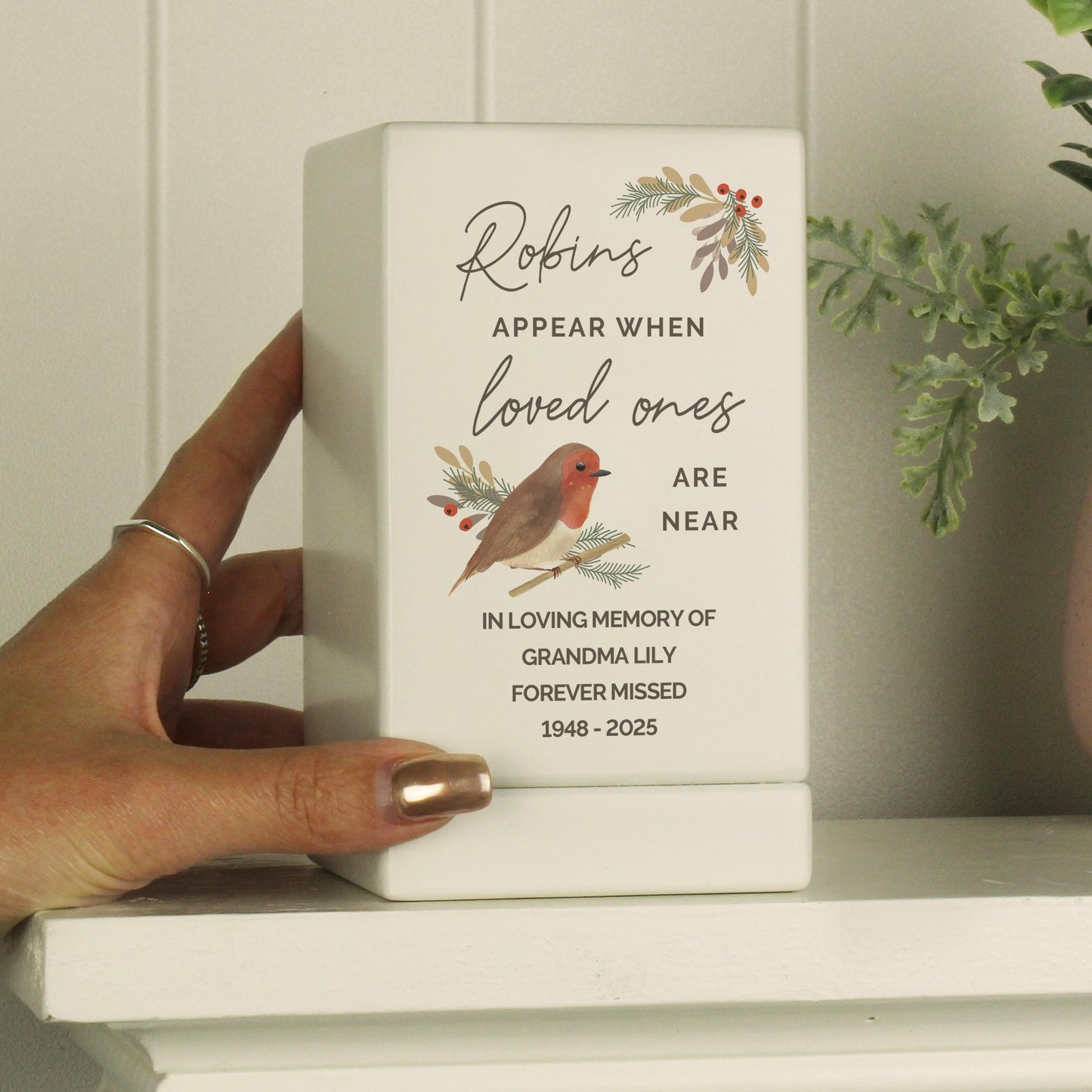 Personalised Robins Appear Small Wooden Urn keepsake Decor
