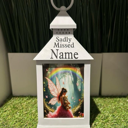 Personalised - fairy & rainbow  design outdoor grey lantern with glitter detail & 6 hour timer
