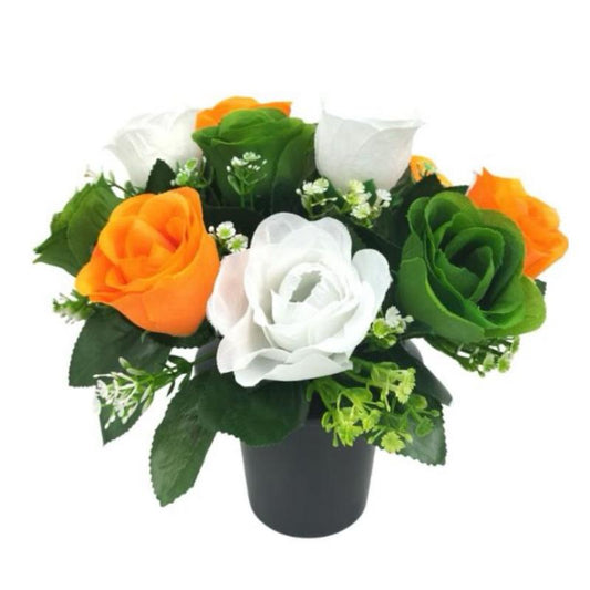 CEMETERY POT WITH ROSEBUDS AND GYP 12 Heads Orange White Green Artificial Flowers in Pot