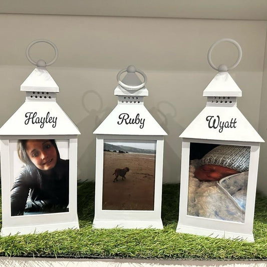 Photo personalised out door grey lantern with built in 6 timer