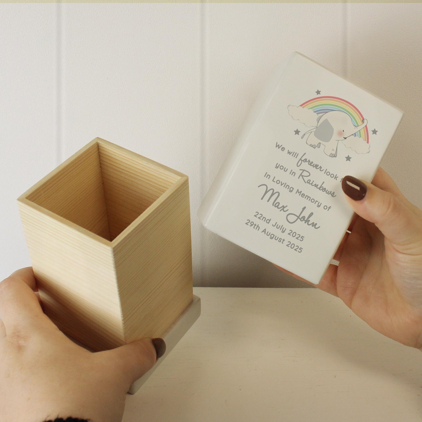 Personalised Childs Rainbow Elephant Memorial Small Wooden Urn