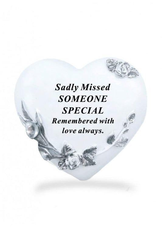 Options - White memorial heart with silver floral decoration memorial