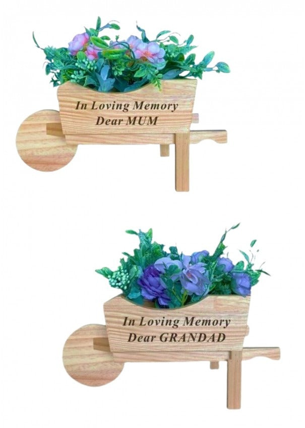 Options - Wooden Wheelbarrow With Black Pot And Flowers