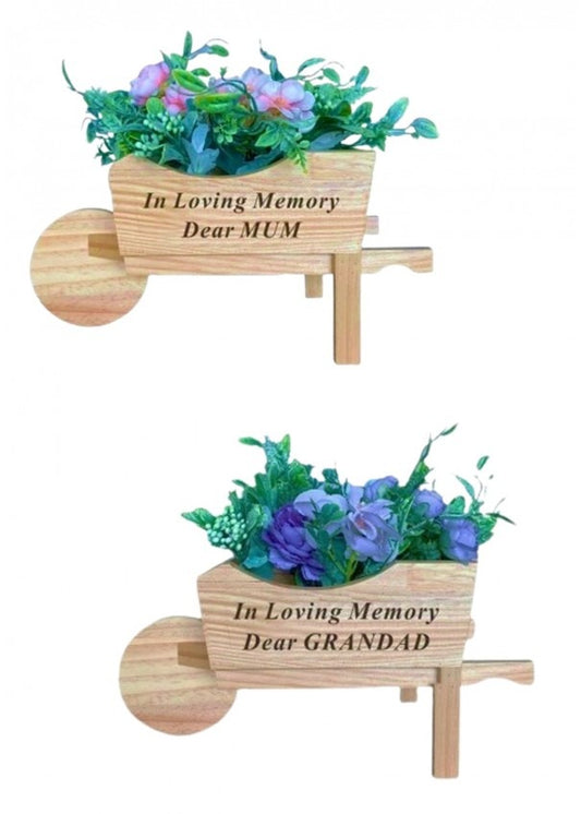 Options - Wooden Wheelbarrow With Black Pot And Flowers