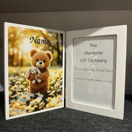 Teddy bear personalised hinged photo frame in white
