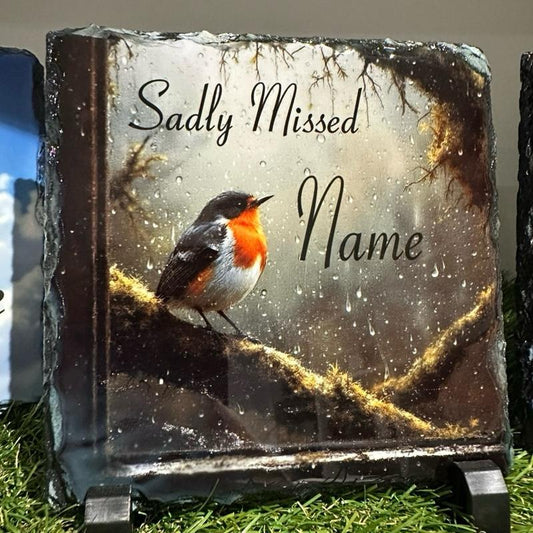 Personalised memorial winter window robin design outdoor or In slate door