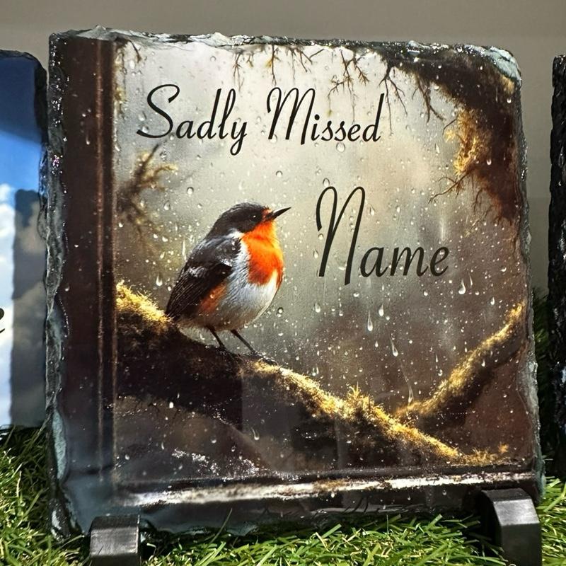 Personalised memorial winter window robin design outdoor or In slate door