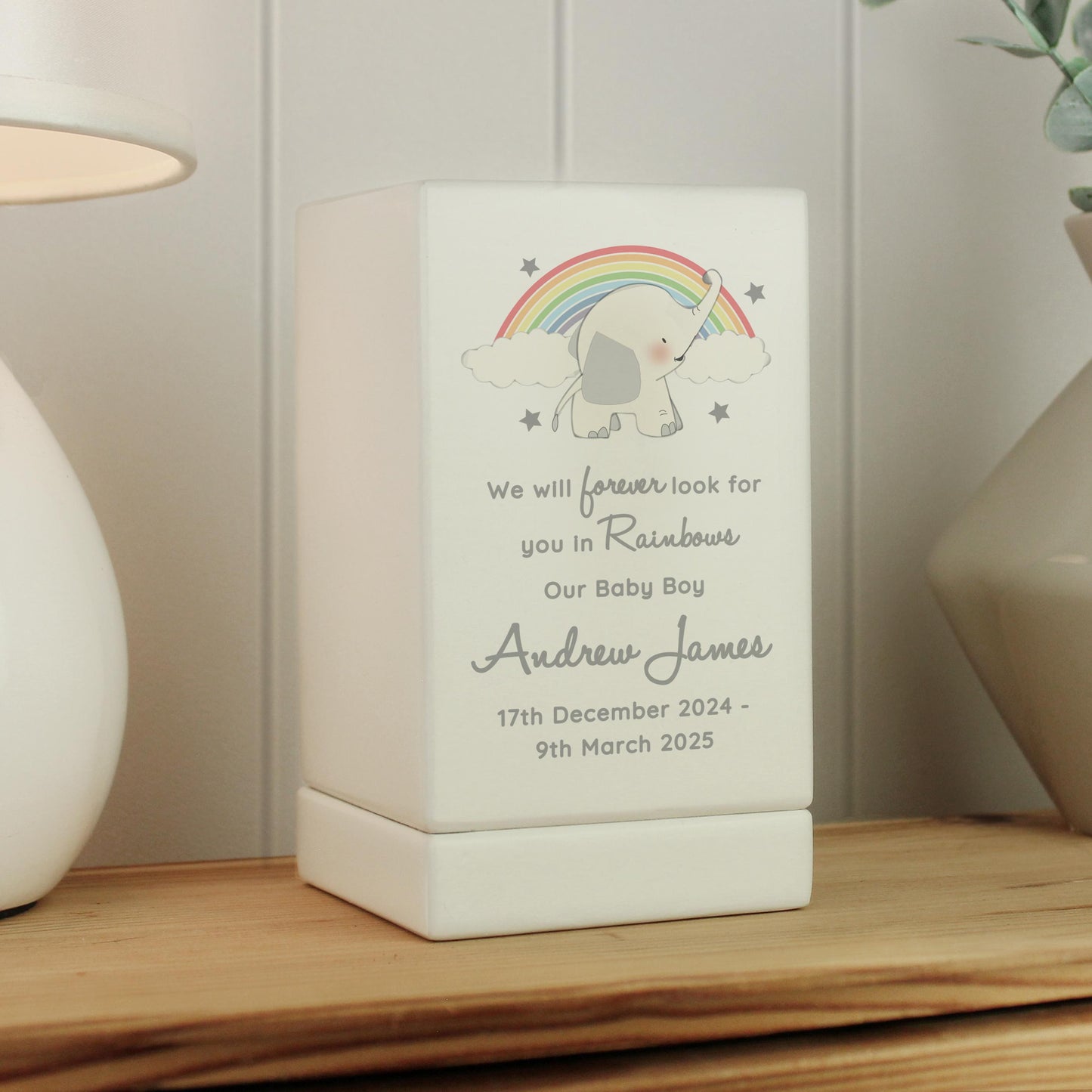 Personalised Childs Rainbow Elephant Memorial Small Wooden Urn