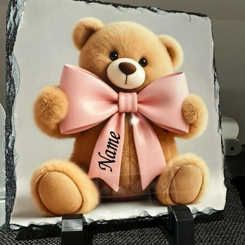 Personalised teddy bear bow design outdoor slate garden memorial - glitter bow detail option