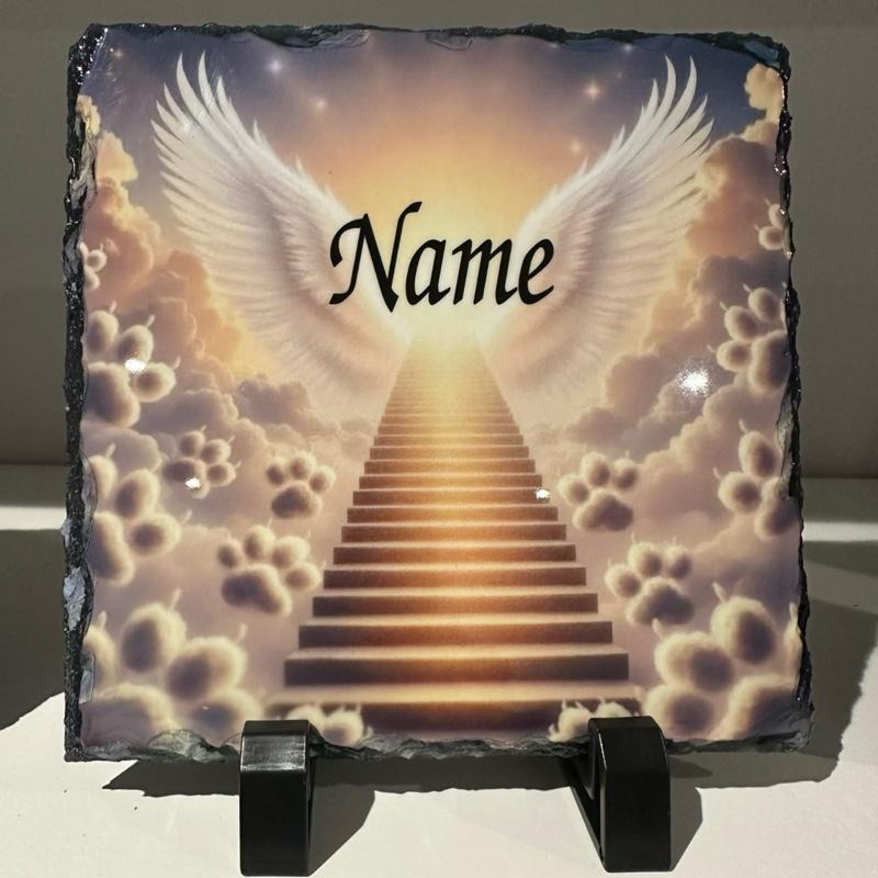 Personalised pet stairway to heaven angel wings paw prints design outdoor or indoor slate