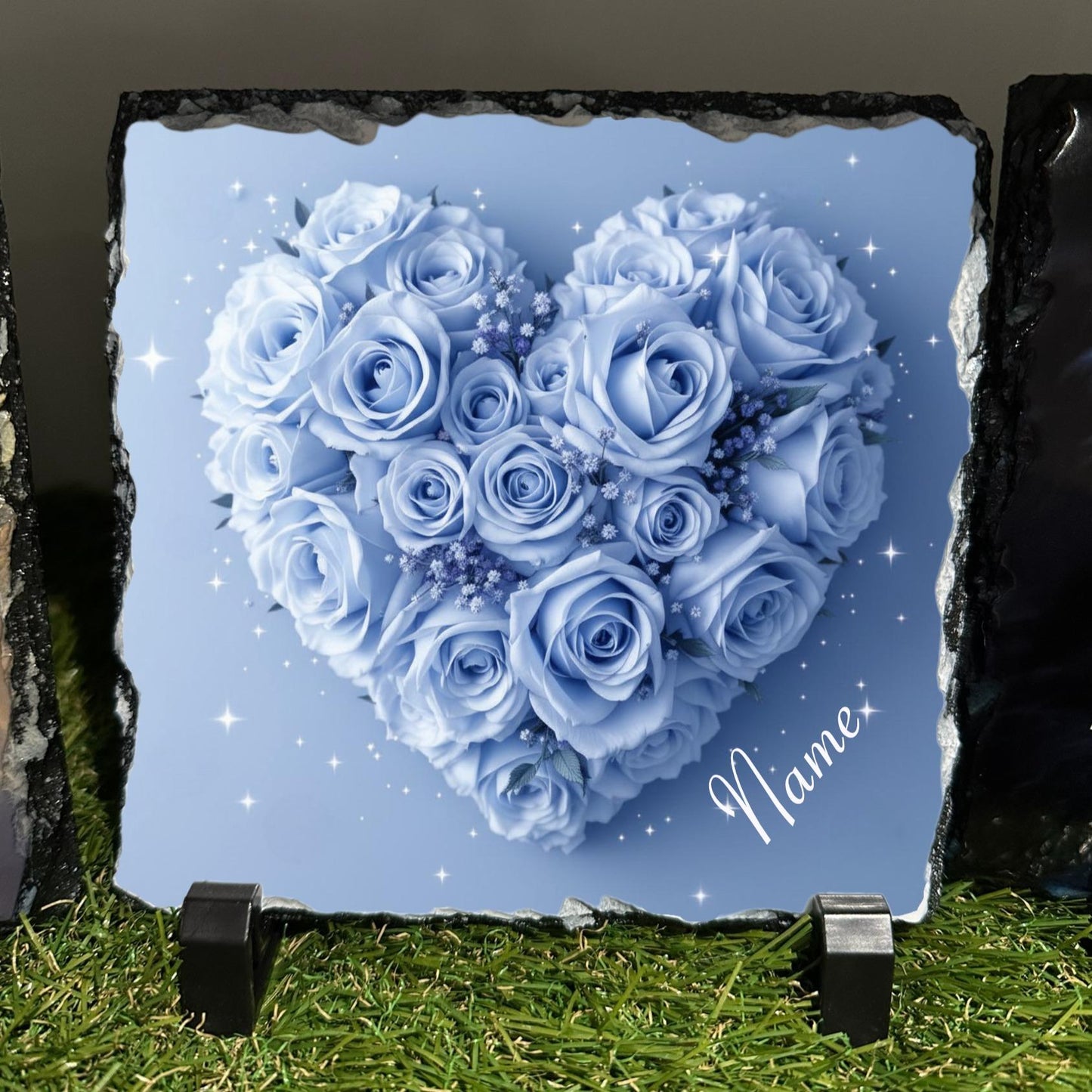 Personalised Blue Rose heart design outdoor or indoor slate with or without crystals details
