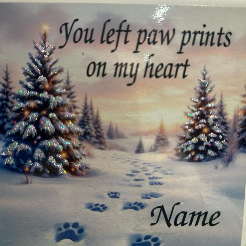 Christmas paw prints in the snow pet  weighted memorial flower vase with glitter detail