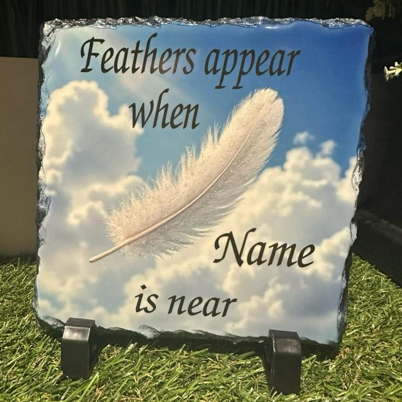 Personalised glitter Feathers appear design outdoor slate with glitter details