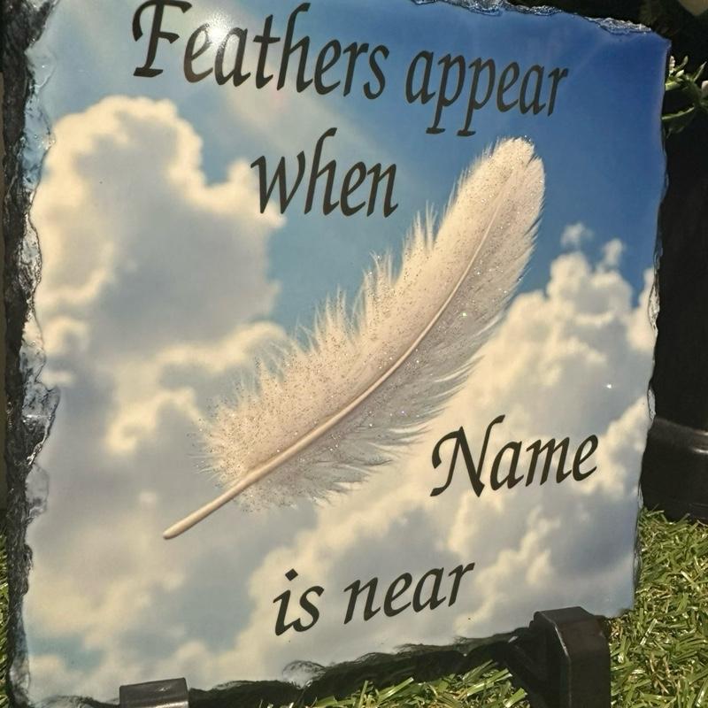 Personalised glitter Feathers appear design outdoor slate with glitter details