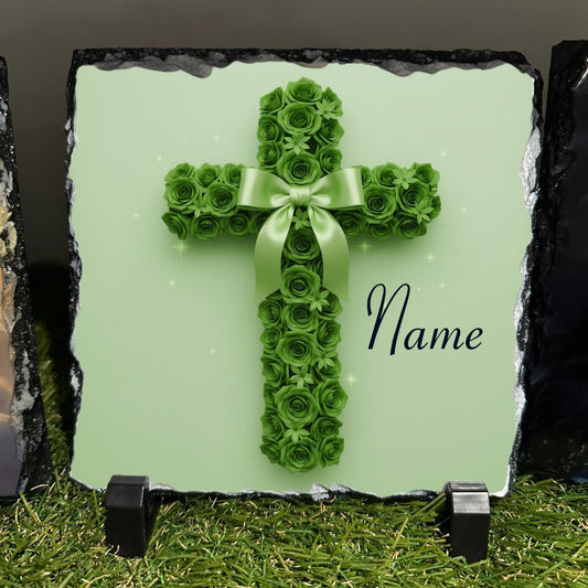 Personalised Green rose Cross with bow design outdoor or indoor slate with crystal details