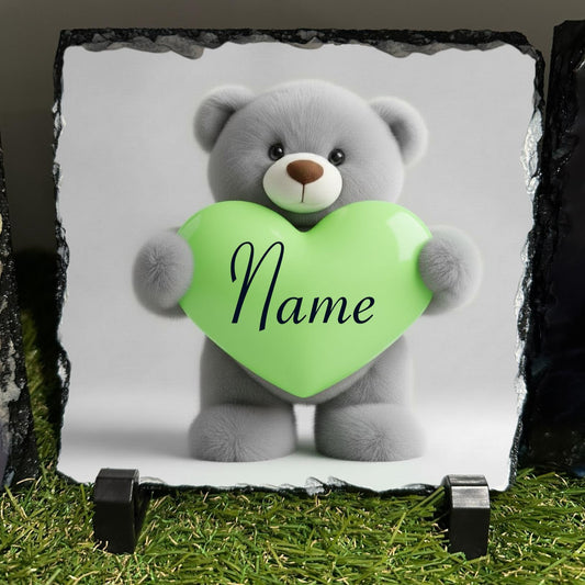 Personalised Grey teddy green heart design outdoor or indoor slate