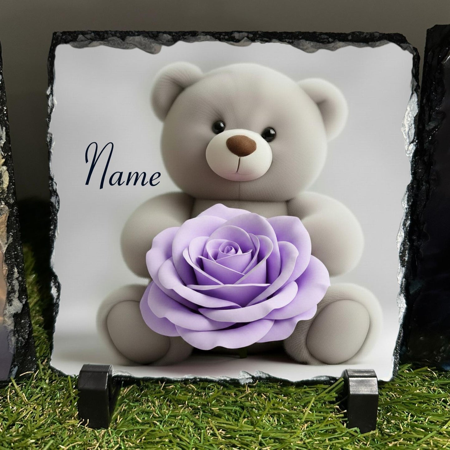 Personalised Grey teddy with lilac rose design outdoor or indoor slate