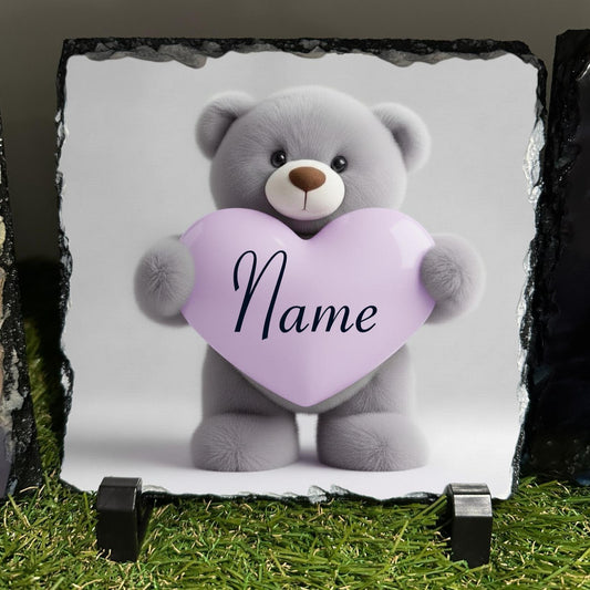 Personalised Grey teddy purple heart design outdoor or indoor slate