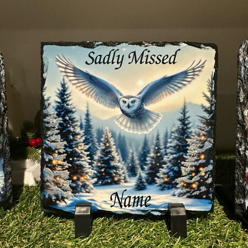personalised Snow owl memorial slate  indoor and outdoor with glitter detail