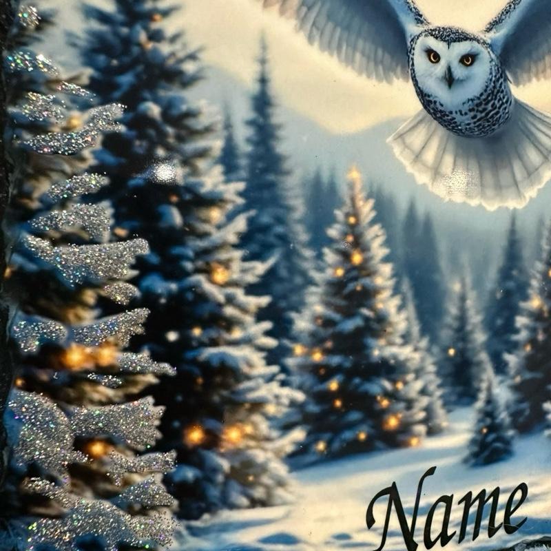 personalised Snow owl memorial slate  indoor and outdoor with glitter detail