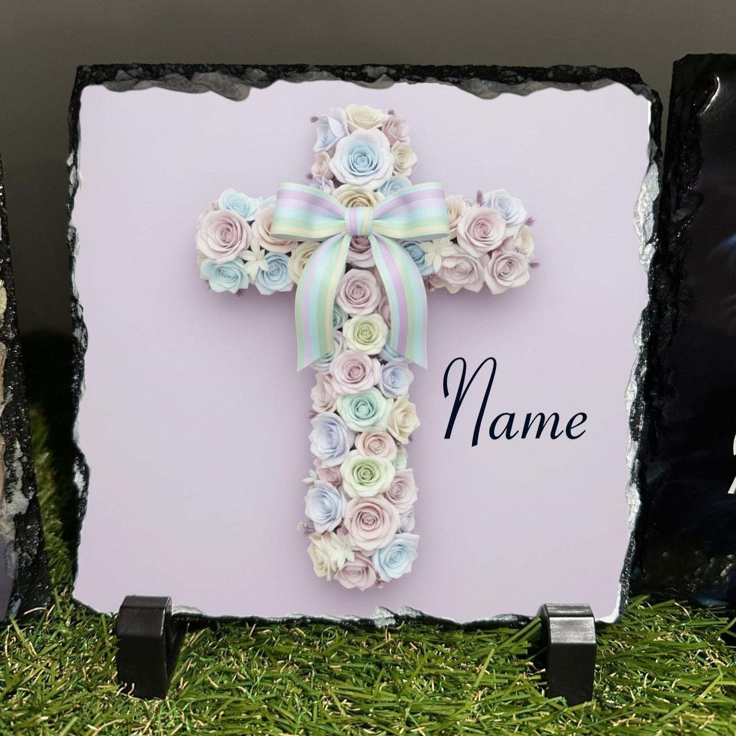 Personalised Pastel rose Cross with bow design outdoor or indoor slate with crystal details