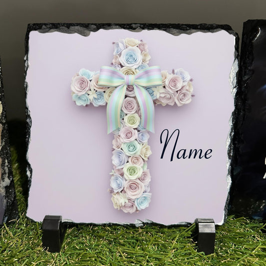 Personalised Pastel rose Cross with bow design outdoor or indoor slate with crystal details