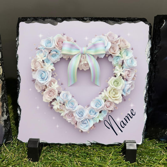 Personalised Pastel Rose heart with bow design outdoor or indoor slate with or crystal details