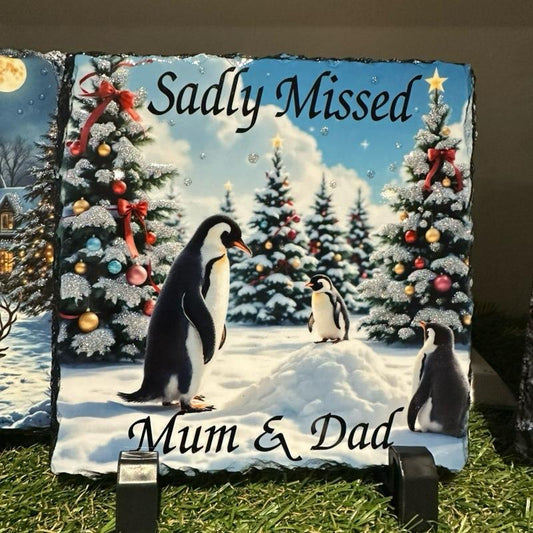 personalised penguins in the snow memorial slate with glitter indoor and outdoors
