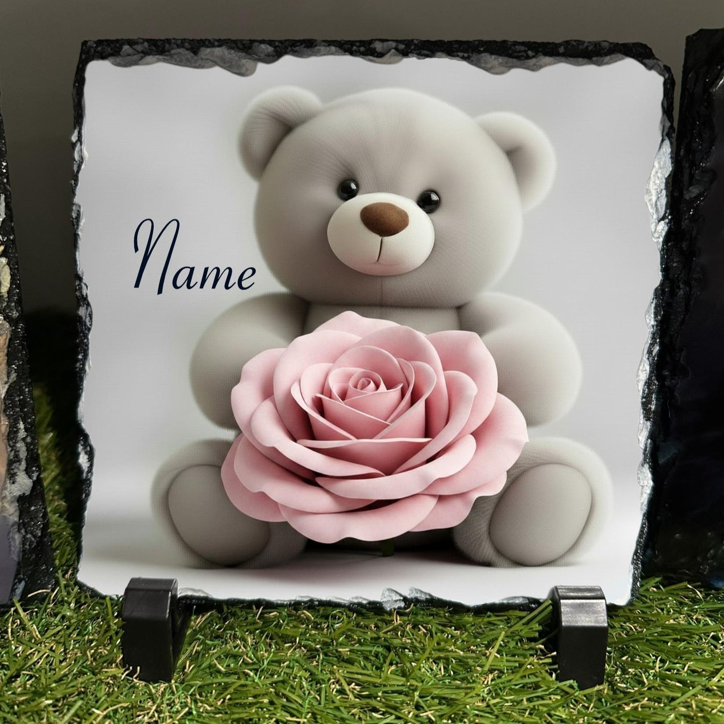 Personalised Grey teddy with pink rose design outdoor or indoor slate