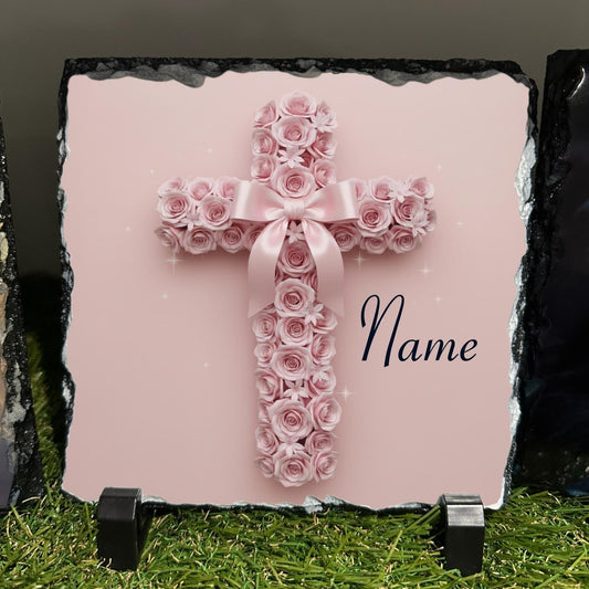 Personalised Pink rose Cross with bow design outdoor or indoor slate with crystal details