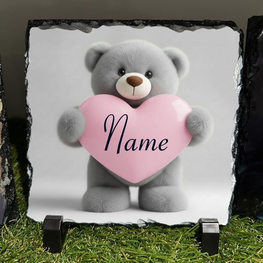 Personalised Grey teddy pink heart design outdoor or indoor slate