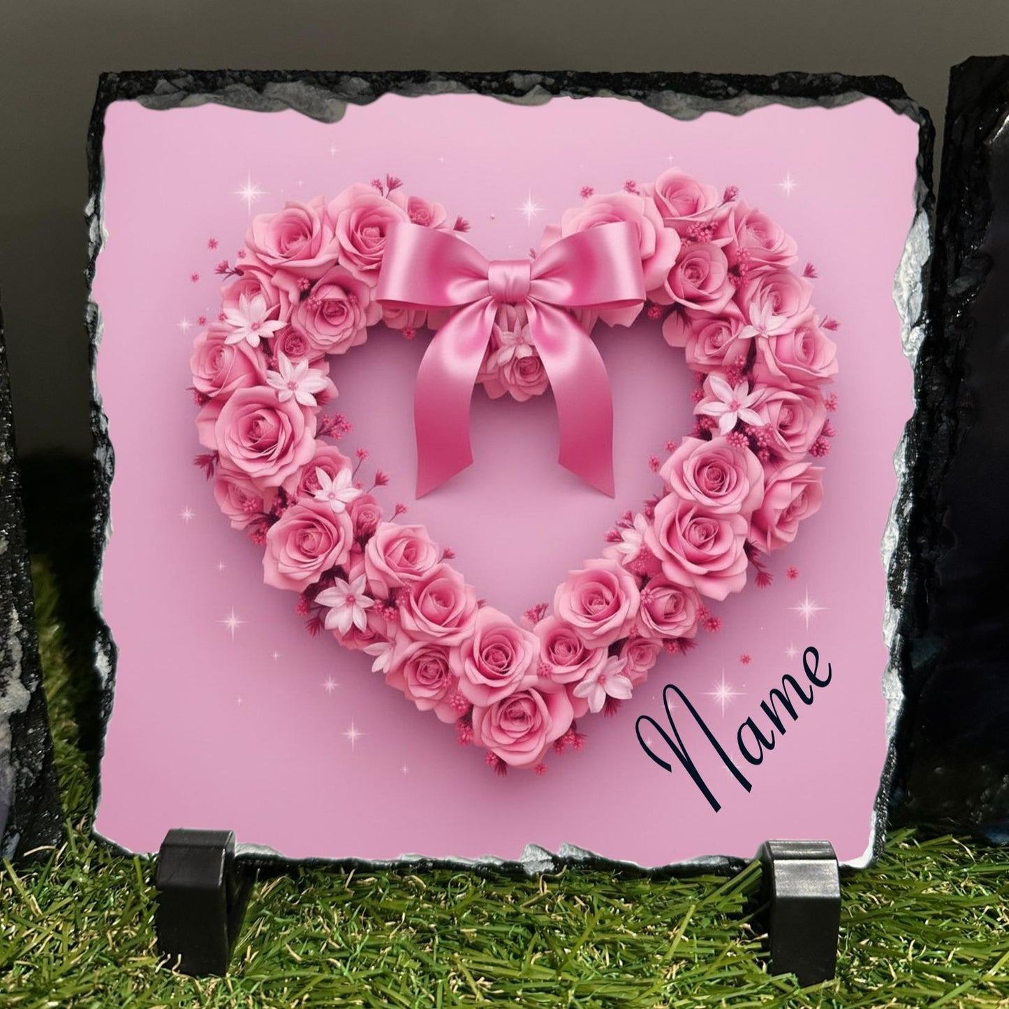Personalised Pink Rose heart with bow design outdoor or indoor slate with crystal details