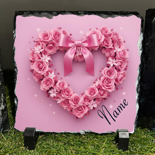 Personalised Pink Rose heart with bow design outdoor or indoor slate with crystal details