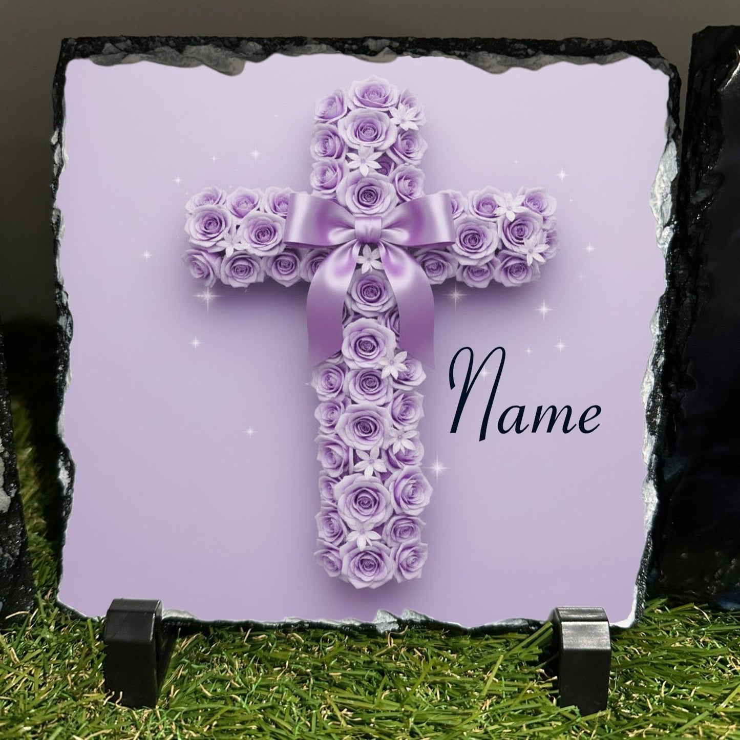 Personalised Purple rose Cross with bow design outdoor or indoor slate with crystal details