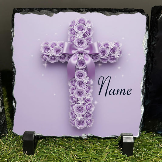 Personalised Purple rose Cross with bow design outdoor or indoor slate with crystal details