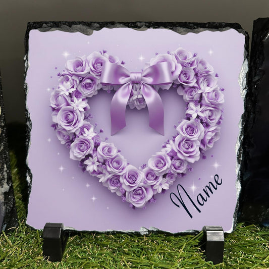 Personalised Purple Rose heart with bow design outdoor or indoor slate with crystal details