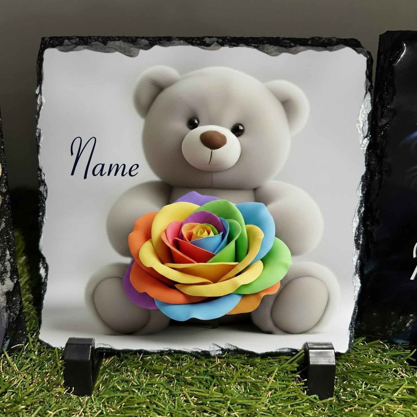 Personalised Grey teddy with rainbow rose design outdoor or indoor slate