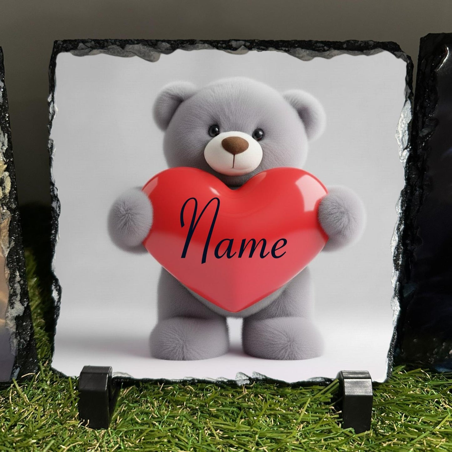 Personalised Grey teddy red heart design outdoor or indoor slate