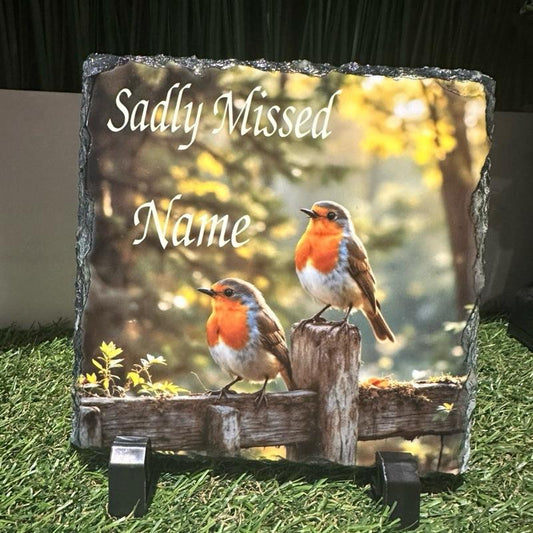 Personalised memorial double robin design outdoor slate