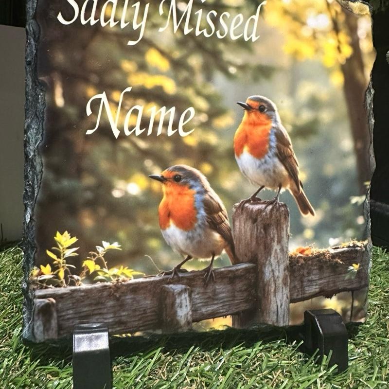 Personalised memorial double robin design outdoor slate
